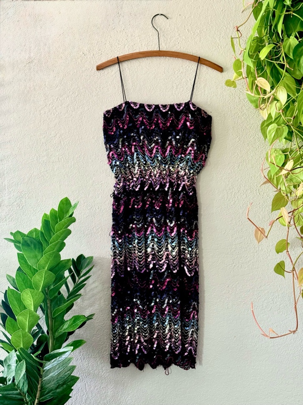 Vintage Sequin Cocktail Dress | 1970’s Strapless Wiggle | Pink Purple Iridescent